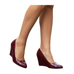 Jones New York Heels Womens 8.5M Burgundy Patent Wedge Pumps Holiday Party